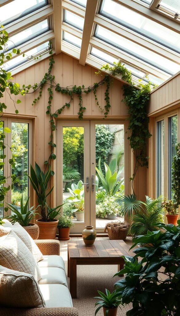 A cozy, sun-dappled garden room with warm, natural materials and lush greenery. In the foreground, a comfortable seating area with plush cushions and a wooden coffee table. Through large windows, a vibrant outdoor garden is visible, creating a seamless indoor-outdoor flow. Trailing vines and potted plants adorn the walls, while skylights allow natural light to pour in from above. Soft, diffused lighting sets a relaxing ambiance, enhanced by the earthy tones and textures throughout. The overall atmosphere evokes a sense of tranquility and connection with nature, inviting one to unwind and embrace the harmonious integration of the indoors and outdoors.