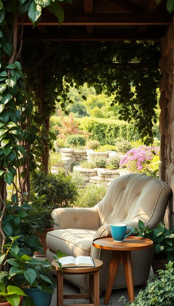 A cozy, sun-dappled outdoor reading nook nestled in a lush, overgrown garden. In the foreground, a plush, oversized armchair upholstered in a soft, weathered fabric invites you to sink in and lose yourself in a book. Surrounding it, a collection of verdant potted plants and trailing vines create a natural, intimate enclosure. In the middle ground, a rustic wooden side table holds a steaming mug of tea and a well-worn novel. Beyond, the garden bursts with vibrant blooms and swaying foliage, framed by a picturesque stone wall. Warm, diffused light filters through the canopy above, casting a gentle, romantic glow over the entire scene.