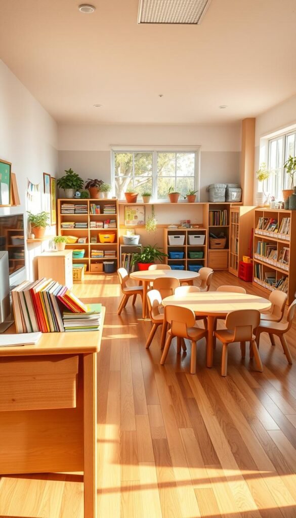 A cozy, sun-dappled preschool classroom with soft pine flooring and pastel-colored walls. In the foreground, a teacher's desk with stacks of colorful lesson plan binders, pencils, and a desktop computer. In the middle ground, small round tables surrounded by pint-sized chairs, ready for a circle time lesson. Along the back wall, shelves overflowing with children's books, educational toys, and art supplies. Overhead, warm lighting filters through large windows, casting a gentle glow across the scene. The atmosphere is one of focused learning and creative exploration, setting the stage for an engaging weekly lesson plan on plants and gardening.