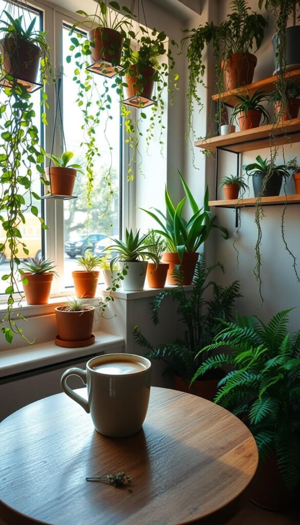 A cozy, sun-drenched corner of a minimalist cafe, adorned with lush, verdant potted plants. In the foreground, a small wooden table hosts a steaming mug of rich, aromatic coffee, accompanied by a delicate sprig of fresh herbs. Soft, natural light filters through large windows, casting a warm, inviting glow on the scene. Surrounding the coffee setup, potted succulents, ferns, and trailing vines spill over shelves and windowsills, creating a serene, botanical oasis. The overall atmosphere is one of tranquility and simple pleasures, inviting the viewer to pause, sip, and immerse themselves in the soothing embrace of this harmonious coffee and plant-filled space.