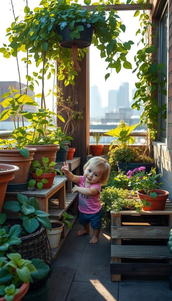 A cozy urban oasis, sun-dappled container garden nestled on a rooftop or balcony. Lush greens, vibrant veggies, and playful flowers spill from an eclectic mix of pots, planters, and upcycled crates. A small child's curious hands reach out to touch the leaves, eyes wide with wonder. Soft, warm lighting illuminates the scene, casting long shadows and creating an inviting, family-friendly atmosphere. Rustic wooden accents, weathered brick, and a glimpse of the city skyline in the background complete the charming, child-scale urban gardening vignette.