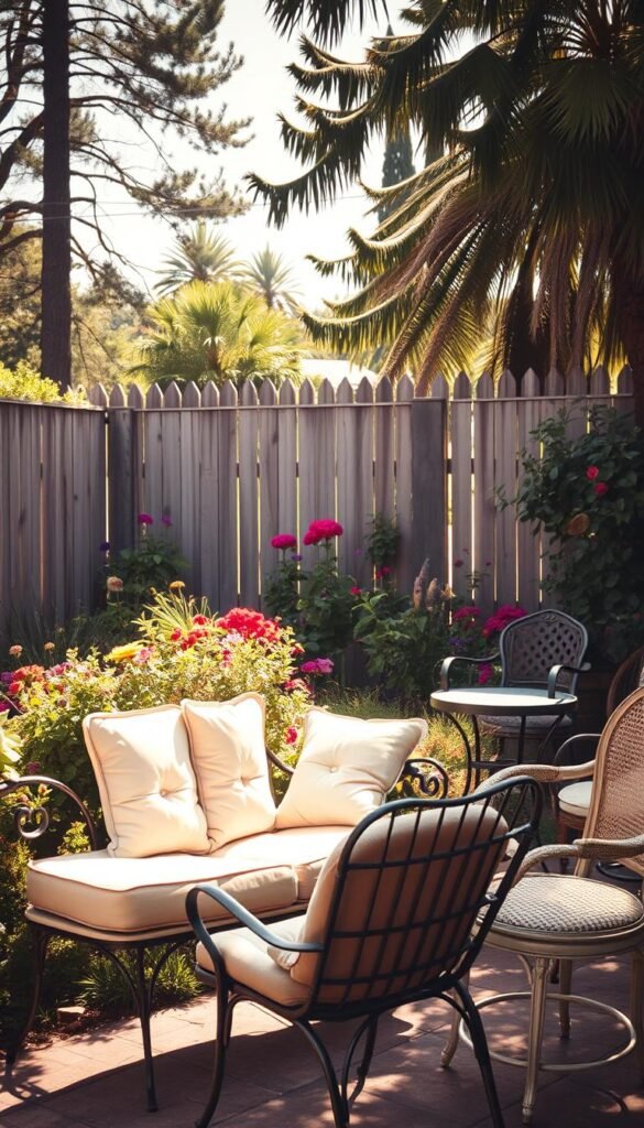 A cozy vintage garden seating area, bathed in warm afternoon sunlight. In the foreground, a wrought-iron loveseat with plush, weathered cushions invites relaxation. Surrounding it, an assortment of mismatched antique chairs - a wooden rocker, a cane-backed armchair, a metal bistro set - create a charming, eclectic arrangement. In the middle ground, lush, overgrown flower beds spill with vibrant blooms, their colors softened by a vintage, sepia-toned lens. In the background, a weathered wooden fence and tall, swaying trees frame the peaceful scene, evoking a sense of timeless tranquility. The overall mood is one of rustic elegance and nostalgic charm.