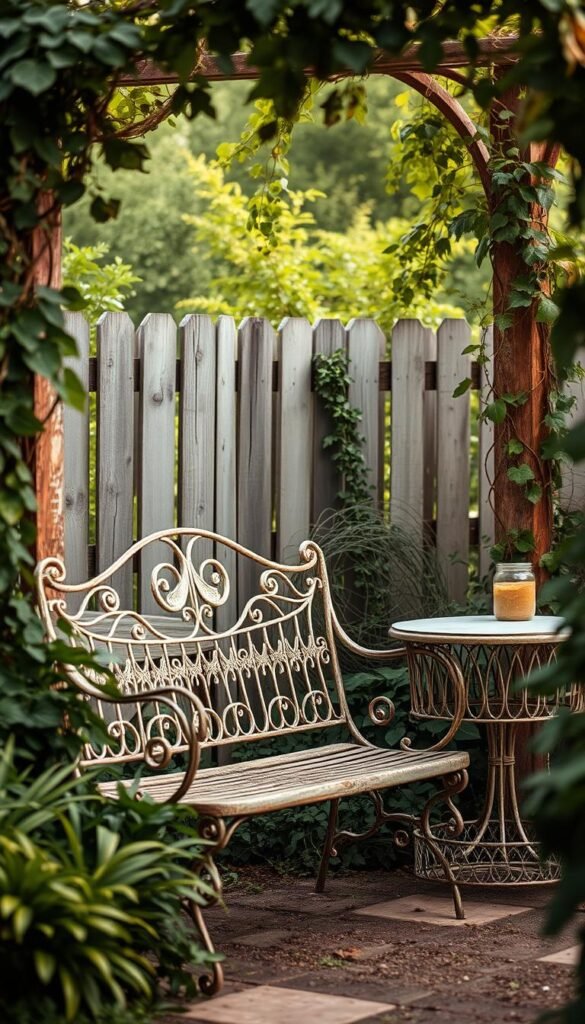 A cozy vintage garden setting, with a weathered wrought-iron bench and a matching side table nestled among lush greenery. The scene is bathed in soft, warm lighting, creating a serene, inviting atmosphere. In the background, a rustic wooden fence and a trellis adorned with trailing vines frame the scene, adding depth and texture. The furniture's distressed, antiqued finish complements the overgrown, natural feel of the garden, evoking a sense of timeless charm and a bygone era. The overall composition conveys a sense of tranquility and a touch of bohemian elegance, perfectly capturing the essence of incorporating vintage elements into an outdoor space.