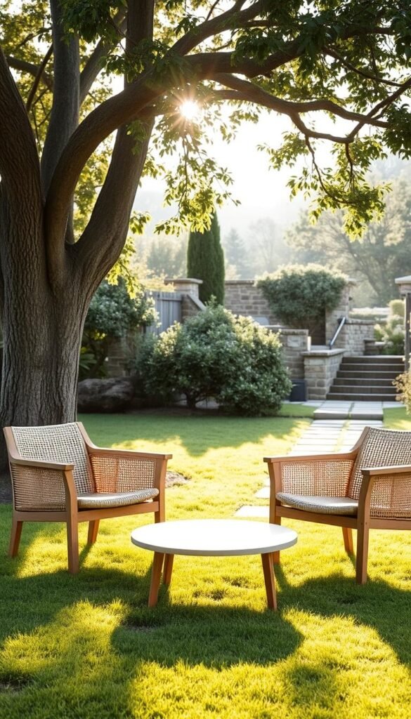 A cozy, weather-resistant outdoor setting with a pair of sturdy, modern armchairs crafted from natural materials like woven rattan and teak. The chairs are arranged around a sleek, minimalist coffee table on a lush, well-manicured lawn. Soft, diffused sunlight filters through the canopy of a nearby mature tree, casting a warm, inviting glow over the scene. In the background, a stone pathway leads towards a serene garden, hinting at the tranquil surroundings. The overall atmosphere exudes a sense of relaxation, comfort, and harmonious integration with the natural environment.