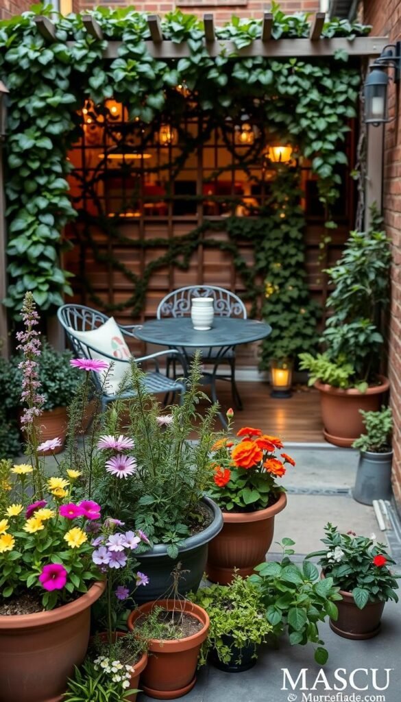A cozy, well-designed small outdoor space with thoughtful planning. In the foreground, a lush potted garden with a variety of flowering plants and herbs, arranged harmoniously. In the middle ground, a quaint bistro table and chairs, perfect for alfresco dining, illuminated by soft, warm lighting. In the background, a charming trellis covered in cascading vines, creating a sense of enclosure and privacy. The scene has a tranquil, inviting atmosphere, conveying the beauty and functionality that can be achieved in a compact outdoor area through careful consideration of layout, textures, and ambiance.