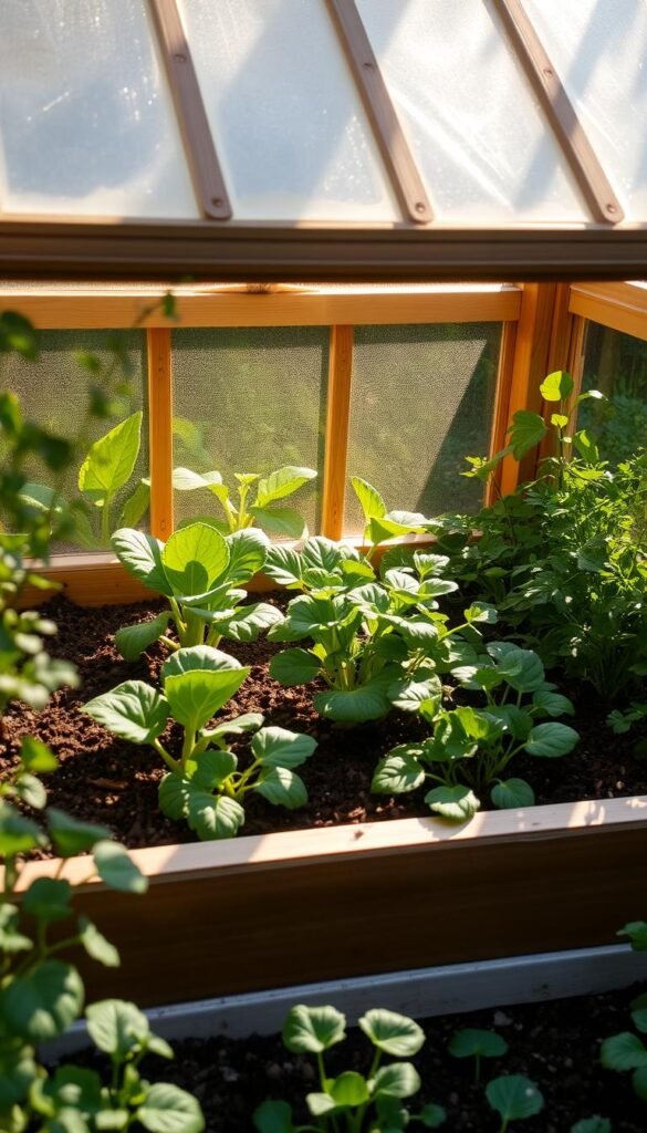 A cozy, well-lit cold frame nestled in a lush, verdant garden. The frame's clear panels cast a warm, diffused glow, creating a sheltered microclimate that nurtures delicate greens and tender seedlings. Leafy kale, spinach, and arugula thrive within, their vibrant hues contrasting against the rich, loamy soil. Sunlight filters through the glass, casting soft shadows and illuminating the scene with a gentle, inviting ambiance. The frame's wooden construction blends seamlessly with the surrounding plants, showcasing how this simple, yet effective, gardening tool can extend the growing season and unlock the potential for year-round bounty.
