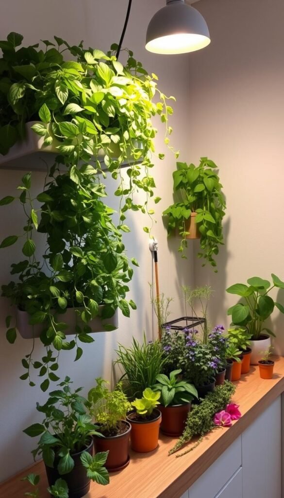 A cozy, well-lit indoor garden setup, showcasing a space-efficient arrangement of thriving potted plants. In the foreground, lush leafy greens and aromatic herbs cascade from sleek, minimalist shelves, maximizing vertical space. The middle ground features a wooden countertop or table, with a variety of container-grown vegetables and edible flowers arranged in a pleasing, organized manner. Soft, warm lighting from above illuminates the scene, casting gentle shadows and highlighting the vibrant colors of the plants. The background features a neutral, uncluttered wall, allowing the greenery to take center stage. The overall atmosphere is one of tranquility, productivity, and a harmonious integration of nature within a small, urban living space.