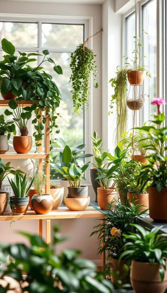 A cozy, well-lit indoor garden showcasing a cohesive plant decor theme. In the foreground, a collection of lush, thriving houseplants in stylish ceramic pots of varying shapes and earthy tones, arranged symmetrically on a sleek, minimalist wooden shelving unit. The middle ground features a mix of trailing vines, leafy greens, and blooming flowers, creating a visually harmonious display. The background subtly blends natural light filtering through large windows, casting a warm, inviting glow and accentuating the verdant foliage. The overall scene conveys a sense of serenity, balance, and a harmonious integration of nature into the interior space.