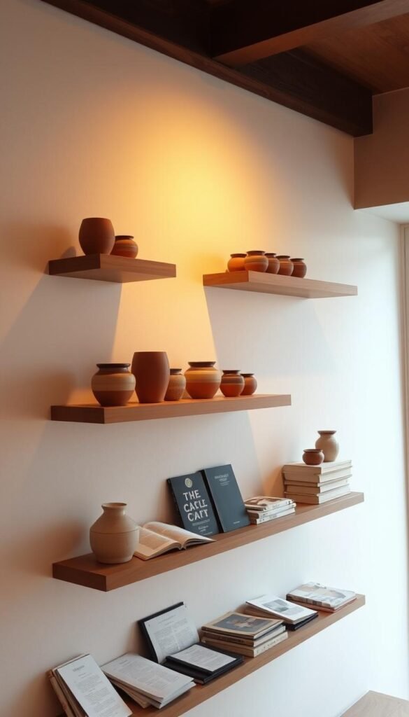 A cozy, well-lit interior setting with a series of neatly arranged wooden shelves mounted on a light-colored wall. On the shelves, an assortment of small, decorative ceramic pots in earthy tones are displayed, complemented by a scattering of open books, adding a touch of sophistication. The lighting, perhaps from a nearby window or a soft, overhead source, casts a warm glow that accentuates the natural textures and colors of the scene. The overall mood is one of tranquility and thoughtful curation, evoking a sense of comfort and inspiration.
