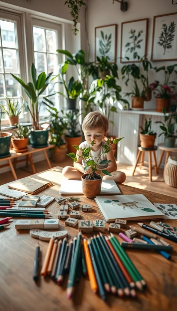 A cozy, well-lit studio filled with natural light streaming through large windows. In the foreground, a wooden table is adorned with an array of art supplies - colored pencils, watercolor paints, nature-inspired stamps, and a handcrafted nature journal. In the middle ground, a young child sits cross-legged, engrossed in sketching the delicate leaves of a potted plant, their face animated with curiosity and concentration. Lush houseplants and botanical artwork decorate the walls, creating an inspirational, serene atmosphere conducive to creative plant journaling. Soft, warm tones and a sense of tranquility pervade the scene, inviting the viewer to join in the joyful exploration of the natural world.