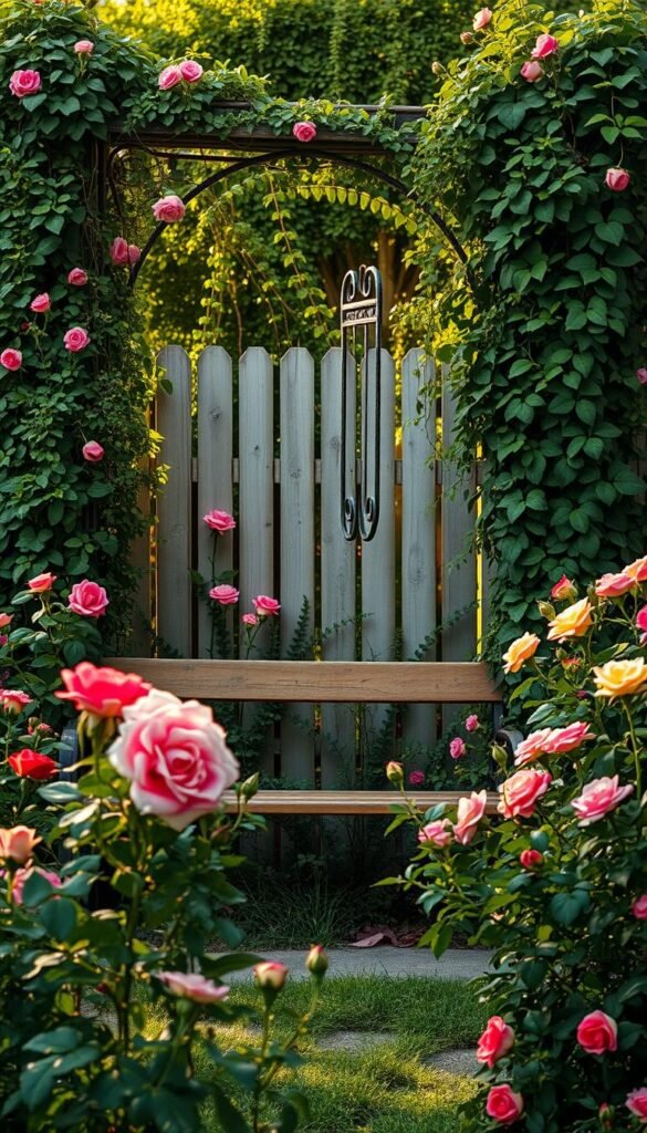 A cozy, well-tended vintage garden, filled with an abundance of lush greenery and vibrant blooms. In the foreground, a rustic wooden bench stands amidst a profusion of fragrant roses, their petals softly illuminated by the warm, golden light of the afternoon sun. In the middle ground, a wrought-iron trellis is draped with cascading vines, creating a charming, time-worn effect. The background features a weathered picket fence, partially obscured by a verdant tapestry of climbing plants, evoking a sense of timeless elegance and tranquility. The overall scene exudes a sense of whimsical, nostalgic charm, inviting the viewer to step into a serene, forgotten era.