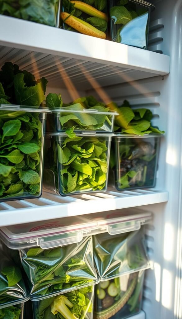 A crisp, well-lit close-up shot of a refrigerator shelf neatly arranged with various leafy greens - kale, spinach, lettuce, chard, and herbs. The produce is carefully layered in clear plastic containers or resealable bags, each item clearly visible. Rays of warm, natural sunlight stream in through a window, casting a soft glow and gentle shadows across the scene. The overall atmosphere is one of freshness, organization, and a sense of preservation - a visual representation of the proper storage techniques for tender, nutrient-dense produce harvested from a backyard garden.