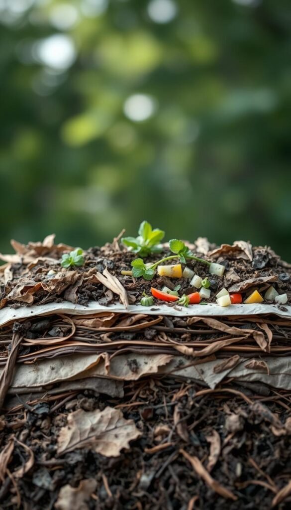 A cross-section of a neatly layered compost pile set against a blurred natural backdrop. In the foreground, distinct layers of brown carbon-rich materials like dry leaves and shredded paper are alternated with green nitrogen-rich ingredients like fruit and vegetable scraps. The middle ground showcases the gradual decomposition process, with partially broken-down organic matter. Soft, diffused natural lighting illuminates the scene, conveying a sense of tranquility and balance. The overall composition emphasizes the importance of proper layering techniques for maintaining a healthy, thriving compost ecosystem.