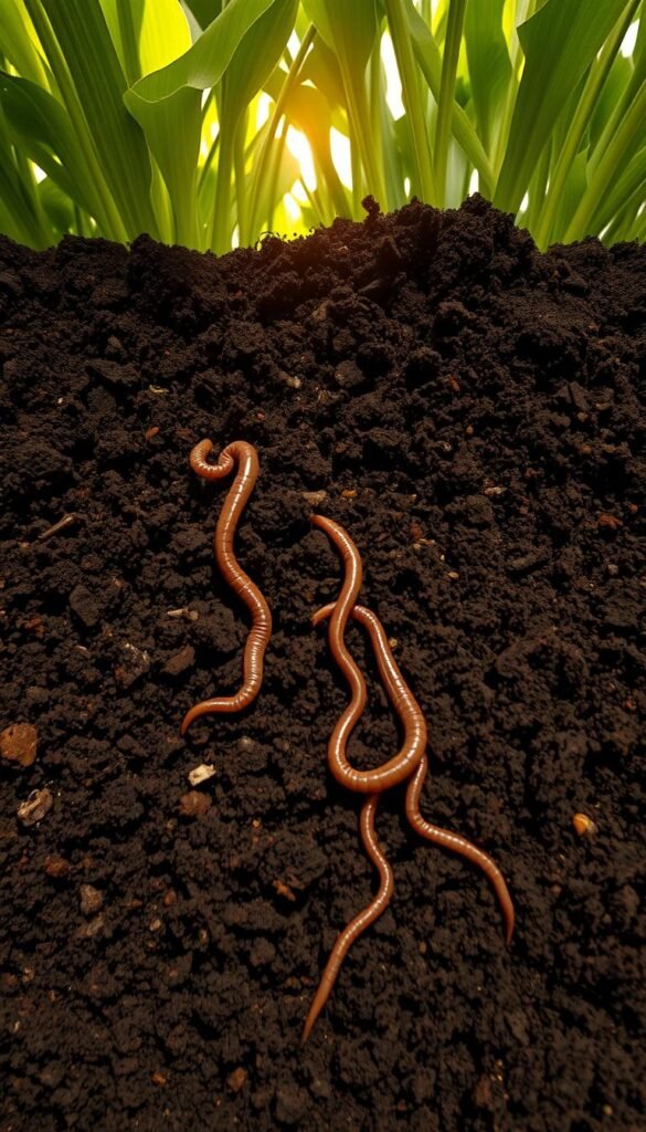 A cross-section of nutrient-rich, organically-teeming no-till gardening soil, its dark, crumbly texture brimming with earthworms, fungal mycelium, and beneficial microbes. Sunlight filters gently through the lush, verdant growth above, casting a warm, soft light on the intricate underground web of life. The soil's layered structure, with decaying plant matter, humus, and distinct mineral horizons, is visible in sharp detail, conveying the harmony and abundance of a thriving, self-sustaining ecosystem. A Canon EOS R5 camera with a 24-105mm f/4L lens captures this fertile, living tableau in crisp focus, at a moderate angle to reveal the soil's depth and complexity.