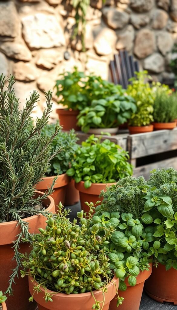 A culinary herb garden in soft natural light, showcasing the diverse flavor profiles of essential cooking herbs. In the foreground, bunches of fragrant rosemary, thyme, and oregano spill out from terracotta pots, their leaves glistening with morning dew. The middle ground features a collection of potted plants including aromatic basil, parsley, and chives, their vibrant colors and delicate textures contrasting against the weathered wooden planters. In the background, a sun-dappled stone wall acts as a serene backdrop, hinting at the tranquil setting of this carefully curated herb garden. The overall scene evokes a sense of rustic charm and culinary inspiration, inviting the viewer to experience the subtle nuances of these beloved kitchen staples.
