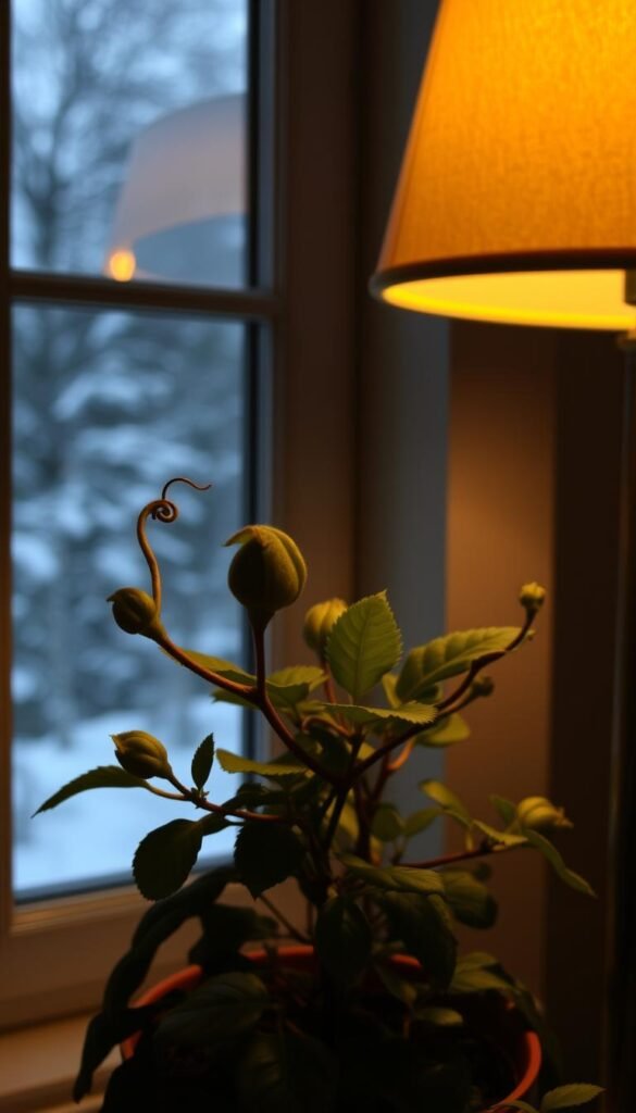 A delicate, cold-sensitive plant sits in a dimly lit indoor space, its fragile leaves curled inwards to conserve heat. Soft, warm lighting from a nearby lamp casts a gentle glow, creating an atmosphere of care and protection. In the background, a window displays a wintry scene, reinforcing the need to shield this tropical specimen from the harsh outdoor conditions. The composition emphasizes the plant's vulnerable state, requiring attentive overwintering techniques to ensure its survival. A sense of tranquility and delicacy permeates the scene, capturing the essence of tropical fruit garden challenges during the colder months.