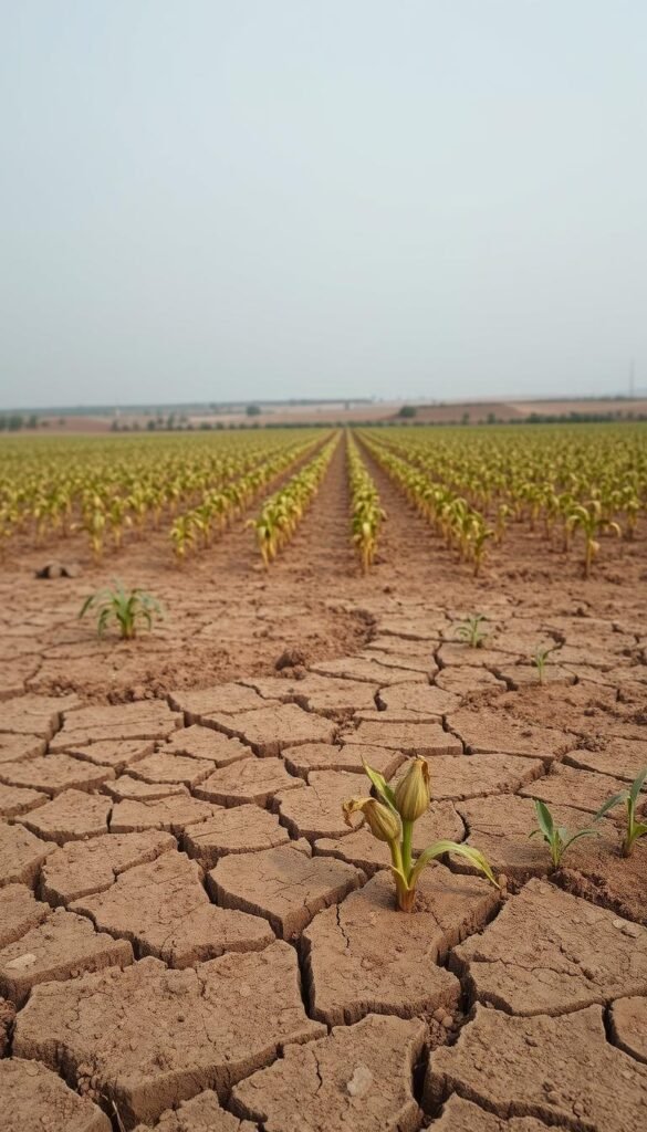 A desolate, arid landscape stretches before the viewer, the once-fertile soil now a barren, lifeless expanse. In the foreground, cracked and parched earth is devoid of any vegetation, save for a few withered, wilting plants struggling to survive. The middle ground reveals rows of stunted, sickly-looking crops, their leaves yellowing and curling in on themselves. In the distance, a hazy horizon is obscured by a dull, gray haze, hinting at the environmental degradation that has led to this monoculture soil depletion. The scene is bathed in a harsh, unforgiving light, casting deep shadows and emphasizing the stark, unyielding nature of the environment. An eerie, desolate mood pervades the image, underscoring the unsustainability of traditional farming practices.
