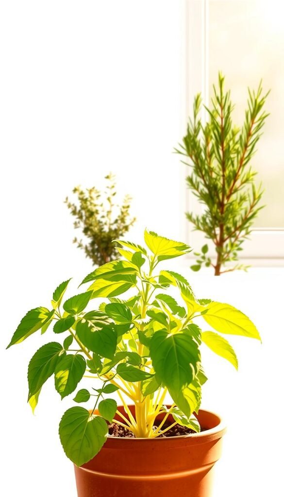A detailed botanical illustration showcasing the sunlight requirements for common culinary herbs, set against a minimalist, white backdrop. In the foreground, a potted basil plant bathed in warm, golden sunlight, its lush green leaves illuminated. In the middle ground, a thyme plant nestled in partial shade, its sprigs casting soft, dappled shadows. In the background, a rosemary plant thriving in a sunny window, its woody stems and needle-like foliage meticulously rendered. The overall composition highlights the unique sunlight needs of these versatile herbs, captured with a crisp, high-resolution camera lens and natural, evenly distributed lighting to create a clean, educational visual aid.