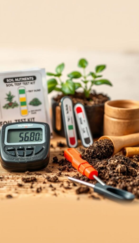 A detailed close-up view of soil nutrients and pH testing equipment, including a digital soil pH meter, soil test kit, and soil sampling tools. The foreground features the various soil testing tools arranged neatly on a wooden surface, with a neutral-toned background that creates a clean, educational atmosphere. The lighting is soft and diffused, highlighting the textures and colors of the soil testing equipment. The overall composition conveys a sense of precision and professionalism, suitable for illustrating the "Getting the Most Out of Your Soil" section of the article on common gardening mistakes.