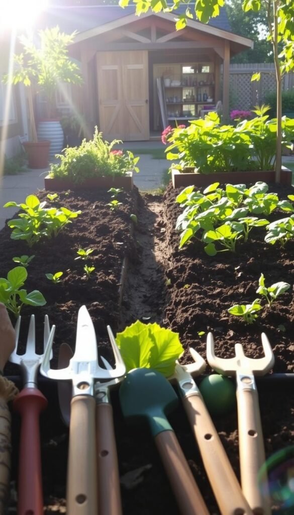 A detailed comparison of gardening costs and labor between no-till and traditional tilling methods, showcased in a realistic scene. In the foreground, carefully organized garden tools and supplies highlight the required equipment. The middle ground features two adjacent vegetable beds, one tilled traditionally and the other maintained through no-till practices. Sunlight filters through the leaves, casting a warm, natural glow. In the background, a neatly organized shed and potting area provide context. The overall atmosphere conveys a sense of thoughtful planning and eco-friendly gardening.