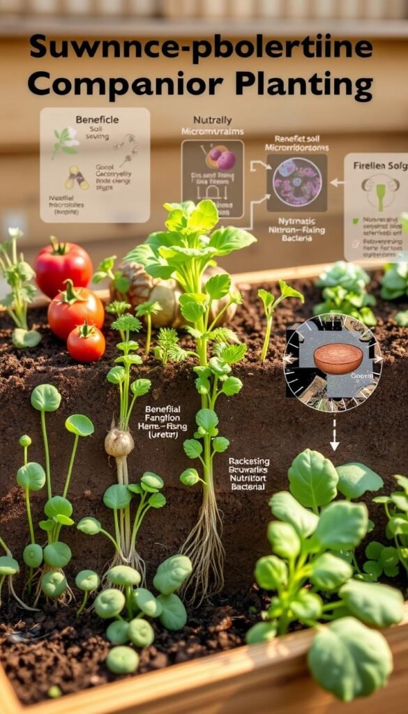 A detailed cross-section illustration of the science behind companion planting in a raised garden bed. The foreground depicts various vegetable and herb plants thriving in harmony, their root structures and nutrient exchanges clearly visible. The middle ground showcases microscopic views of beneficial soil microorganisms, mycorrhizal fungi, and symbiotic nitrogen-fixing bacteria. In the background, a schematic diagram illustrates the complex web of interactions and nutrient cycling that enables this sustainable, mutually beneficial gardening technique. Soft, natural lighting illuminates the scene, emphasizing the organic, earthy tones. The overall mood is one of scientific curiosity and appreciation for the intricate ecological principles at work in a healthy, productive companion garden.