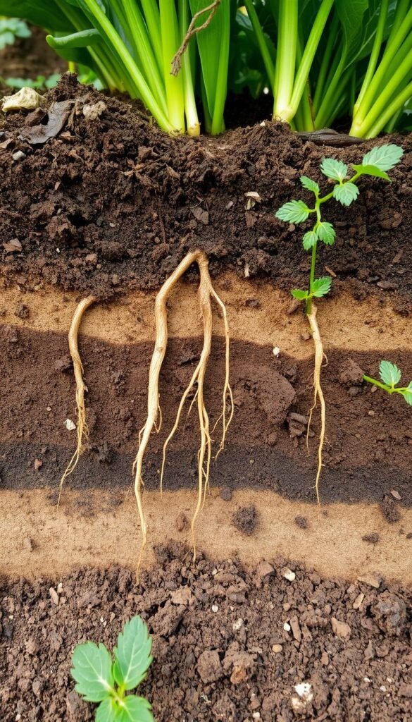 A detailed cross-section of fertile garden soil, showcasing its nutrient composition. The foreground features a rich, dark brown topsoil layer teeming with organic matter and decomposing plant debris. Beneath, distinct strata of subsoil reveal gradients of clay, silt, and sand, each with its own mineral content. Roots of various vegetables and herbs penetrate the layers, highlighting the complex network that nourishes them. Soft, diffused lighting from above casts subtle shadows, accentuating the textural details. The overall composition conveys the intricate balance and diversity of nutrients essential for vibrant, flavorful plant growth in a thriving fruit and vegetable garden.