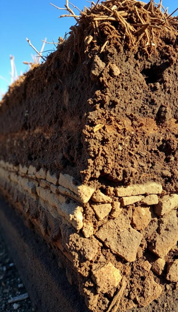 A detailed cross-section of soil composition, showcasing layers of topsoil, subsoil, and bedrock. The scene is illuminated by natural sunlight, casting warm shadows and highlights across the various soil textures and hues. Intricate patterns of organic matter, minerals, and soil fauna are visible, providing an in-depth analysis of the soil's composition and health. The image is captured at a high resolution, with a shallow depth of field to focus the viewer's attention on the nuanced details of the soil profile. The overall tone is one of scientific exploration and understanding, inviting the viewer to delve deeper into the complex world beneath their feet.