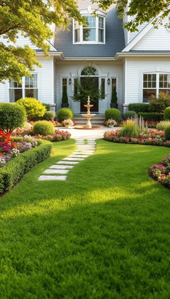 A detailed front yard landscape design plan, showcasing a harmonious arrangement of lush greenery, vibrant flowers, and carefully curated hardscaping elements. In the foreground, a manicured lawn stretches out, framed by neatly trimmed hedges and flowering shrubs. A meandering stone pathway leads visitors towards the home's entrance, flanked by carefully placed garden beds brimming with colorful perennials. The middle ground features a focal point, perhaps a decorative fountain or a stately tree, casting soft, natural lighting across the scene. In the background, the home's facade stands tall, its architectural details complemented by the thoughtfully designed front yard. The overall composition exudes a sense of balance, sophistication, and curb appeal, inviting visitors to envision the potential of this front yard transformation.
