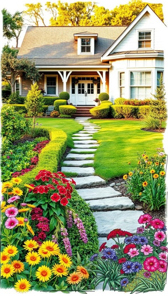 A detailed front yard planning sketch depicting a lush, inviting garden design. Vibrant flower beds in the foreground, featuring a variety of colorful blooms and cascading greenery. In the middle ground, a meandering stone pathway leads towards the house, framed by neatly trimmed hedges and small ornamental trees. The background showcases a well-manicured lawn, complemented by the facade of a charming, traditional-style home, bathed in warm, golden afternoon light. The overall composition conveys a sense of harmonious, well-thought-out landscaping that enhances the home's curb appeal.