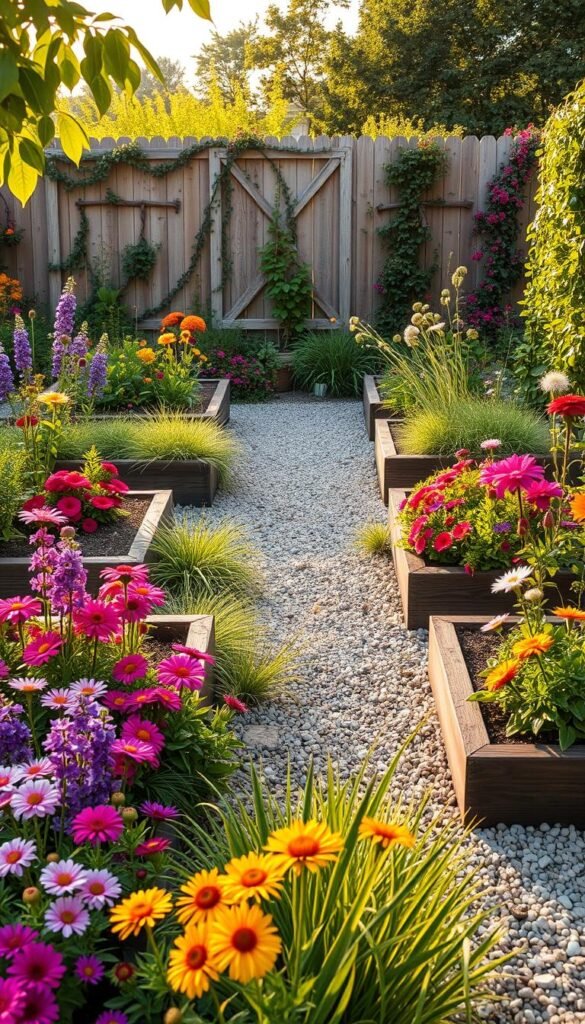 A detailed garden bed layout, showcasing a lush, organized small-scale cutting garden. In the foreground, neatly arranged raised beds filled with vibrant blooms - delphinium, zinnias, cosmos, and dahlias. The middle ground features meandering gravel paths, bordered by low-growing groundcovers and ornamental grasses, guiding the viewer through the scene. In the background, a rustic wooden fence frames the garden, with trailing vines and climbing roses adding depth and texture. Warm, golden afternoon light filters through the leaves, casting gentle shadows and highlighting the vibrant colors. The overall composition conveys a sense of tranquility, productivity, and the beauty of a well-planned, homegrown cutting garden.