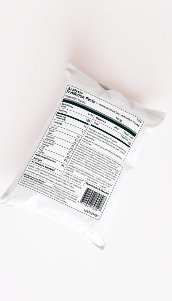 A detailed, high-resolution image of a fertilizer label laid out on a clean, neutral-colored surface. The label is prominently displayed, capturing the key information such as the NPK ratio, ingredient list, and application instructions. The lighting is soft and evenly distributed, creating a clear, legible presentation. The angle and composition highlight the label's structure and design, with enough surrounding context to convey the analysis and evaluation aspect. The overall mood is one of informative clarity, encouraging the viewer to closely examine the technical details of the fertilizer product.