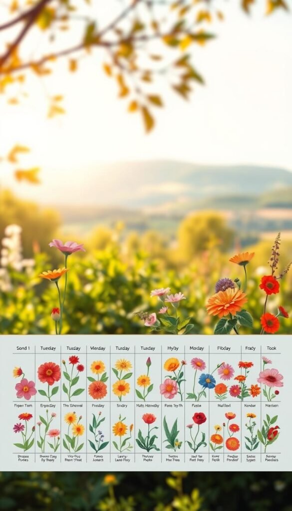 A detailed, illustrated seasonal bloom times chart set against a soft, natural backdrop. The foreground features vibrant, meticulously rendered flowers blooming in succession throughout the year, arranged in a clear, organized layout. The middle ground showcases lush, verdant foliage and a tranquil, sun-dappled garden scene. The background depicts a serene, out-of-focus landscape with rolling hills and a distant horizon, conveying a sense of peaceful harmony. Subtle, warm lighting casts a gentle glow, accentuating the colors and textures. Captured with a sharp, high-resolution lens to ensure every petal and leaf is in crisp, photorealistic detail.