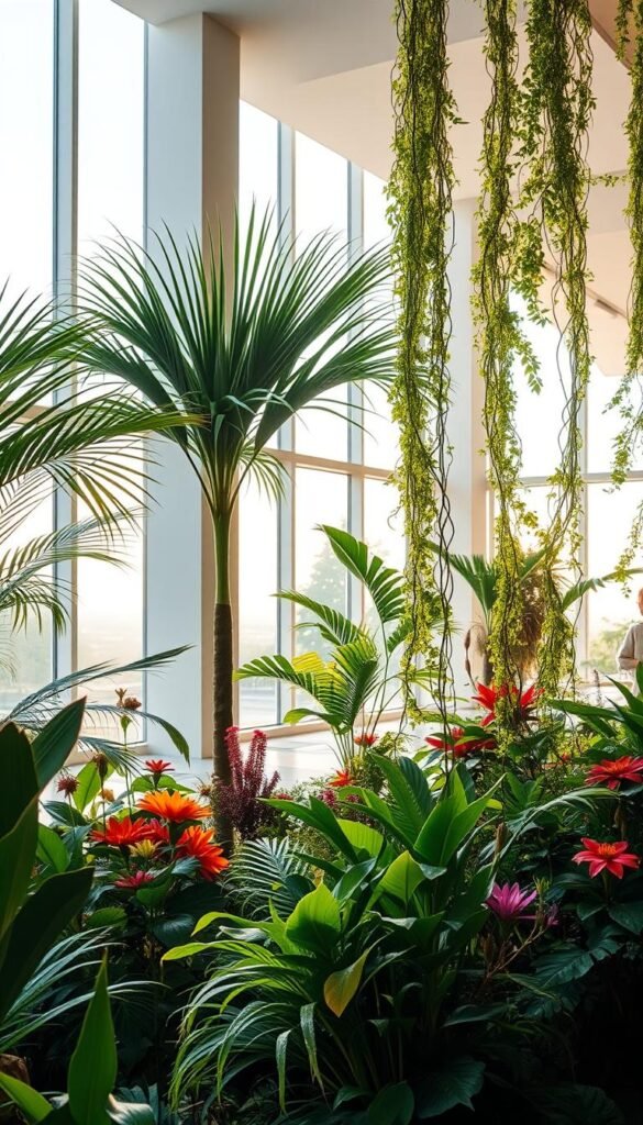 A detailed interior scene showcasing the principles of biophilic design. In the foreground, a lush indoor garden with a variety of thriving plants, including tall palms, vibrant flowering species, and cascading vines. The middle ground features a minimalist architectural structure with clean lines and an abundance of natural light flooding through large windows. The background depicts a serene, calming atmosphere with soft, diffused lighting and a connection to the outdoors, perhaps a distant vista or a natural landscape visible through the windows. The overall scene conveys a sense of harmony, wellness, and immersion in nature, embodying the core tenets of biophilic design.
