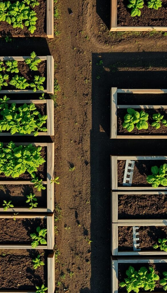 A detailed overhead view of a lush, well-designed raised garden bed layout. The beds are constructed with sturdy, weathered wooden frames arranged in a visually pleasing, symmetrical pattern, casting long shadows across the soil. Crisp, directional lighting illuminates the scene, highlighting the textures and dimensions of the beds. The layout showcases efficient use of space, with pathways winding between the beds, encouraging exploration. Vibrant, healthy plants peek out from the soil, hinting at the bountiful harvest to come. The overall atmosphere is one of tranquility and careful planning, inviting the viewer to imagine themselves tending to this productive, DIY backyard oasis.
