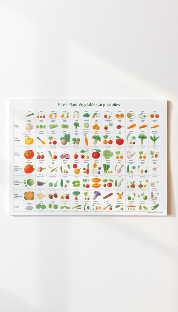 A detailed, professionally illustrated plant families chart for vegetable crop rotation, displayed against a clean, minimalist background. The chart should feature the primary vegetable families arranged in a clear, organized layout, with each family visually distinguished using a distinct color palette and carefully crafted icons or illustrations. The overall aesthetic should be informative, visually engaging, and aligned with the subject matter of "Simple Crop Rotation Methods for Small Gardens". Lighting should be natural and diffuse, with a slight vignette effect to draw the viewer's focus to the central chart. The composition should be balanced, with ample negative space to allow the chart to stand out prominently.