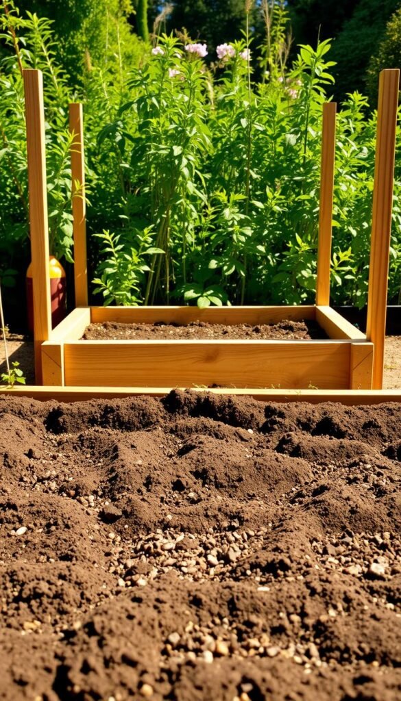 A detailed raised garden bed with prepared groundwork and drainage system. The foreground shows a neatly tilled and leveled soil surface, with visible gravel or stones lining the bottom for improved drainage. In the middle ground, a wooden frame structure outlines the raised bed, its corners secured with sturdy posts. The background features a lush, verdant backdrop of flourishing plants and greenery, suggesting an inviting, natural setting. Warm, directional lighting casts subtle shadows, highlighting the textural elements and creating a sense of depth. The overall composition conveys a well-organized, functional, and aesthetically pleasing raised bed setup, ready for a beginner gardener to start their planting journey.