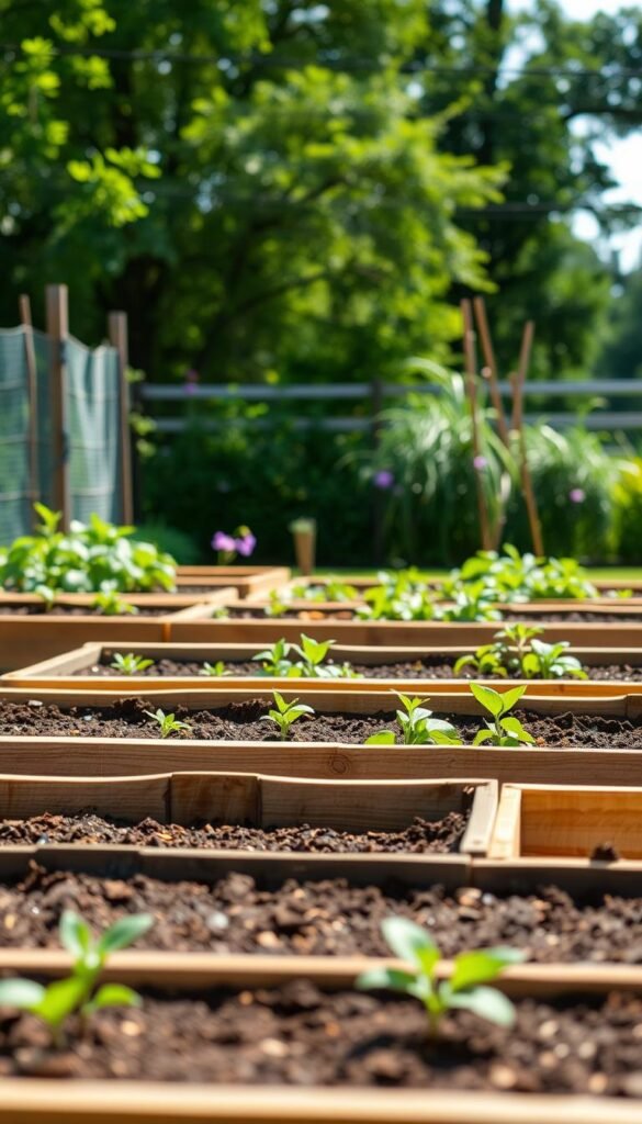 A detailed raised garden layout, captured with a wide-angle lens in natural daylight. In the foreground, a meticulously planned arrangement of rectangular raised beds, their crisp edges and rich soil tones standing in contrast to the lush greenery surrounding them. The middle ground showcases the precise measurements and dimensions of the beds, with clean lines and a sense of order. In the background, a serene outdoor setting, perhaps a verdant backyard or a sunny patio, providing the perfect backdrop for this thoughtfully designed gardening space. The overall mood is one of tranquility, organization, and the promise of a thriving, productive garden.