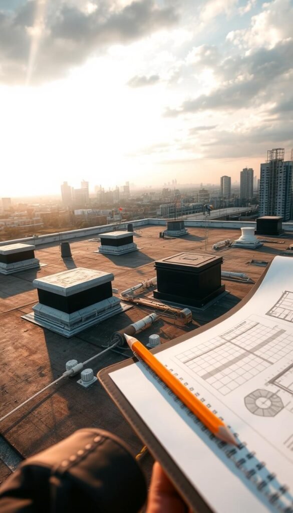 A detailed rooftop structural assessment, showcased in a wide-angle view. The foreground features a close-up of a clipboard with engineering diagrams, ruler, and pencil, conveying a sense of professional inspection. The middle ground shows the rooftop itself, with various architectural elements like vents, pipes, and antennas, all bathed in warm, directional sunlight streaming from the side. The background presents a sweeping vista of the urban skyline, hinting at the context of this assessment. The overall mood is one of meticulous analysis, with a touch of tranquility and possibility, as if contemplating the potential of this rooftop space.