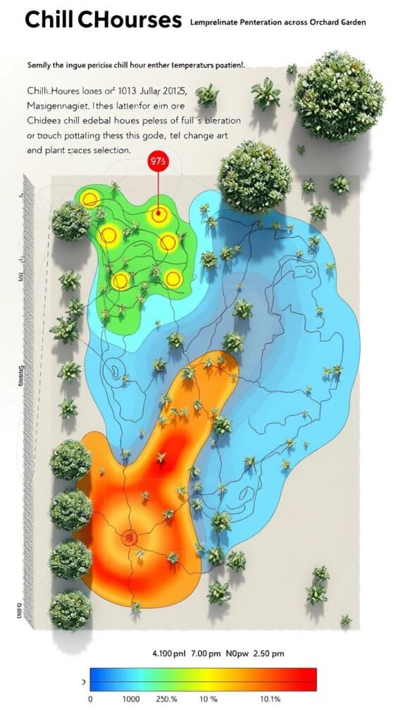 A detailed, scientifically accurate chill hours map depicting the unique microclimate and temperature variations across an orchard garden. The map shows precise isotherms and color-coded temperature ranges, conveying the complex dynamics that influence harvest timing and plant species selection. The scene is rendered with a clean, technical aesthetic using a neutral color palette, high-contrast lighting, and a top-down perspective that emphasizes the spatial relationships between different orchard zones. The overall tone is one of informative precision, guiding the viewer to better understand the orchard's specific environmental needs and optimize their layout and management decisions.