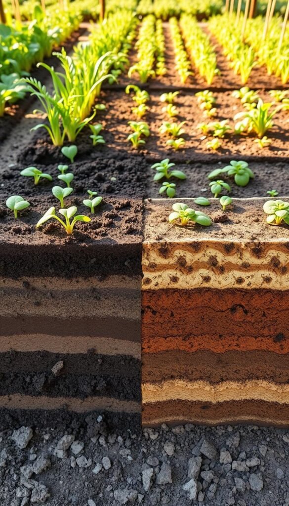 A detailed, side-by-side visual comparison of the nutrient content and composition of soil in a traditional row-based vegetable garden and a lasagna-style raised bed. The foreground presents the cross-section of each soil type, highlighting the layered structure, organic matter, and mineral content. The middle ground showcases the root systems and plant growth in each gardening method, while the background depicts the overall garden layout and design. Warm, natural lighting illuminates the scene, captured with a wide-angle lens to provide a comprehensive view. The image conveys the scientific and educational nature of the comparison, promoting an informed understanding of the advantages and disadvantages of each in-ground vegetable garden design.