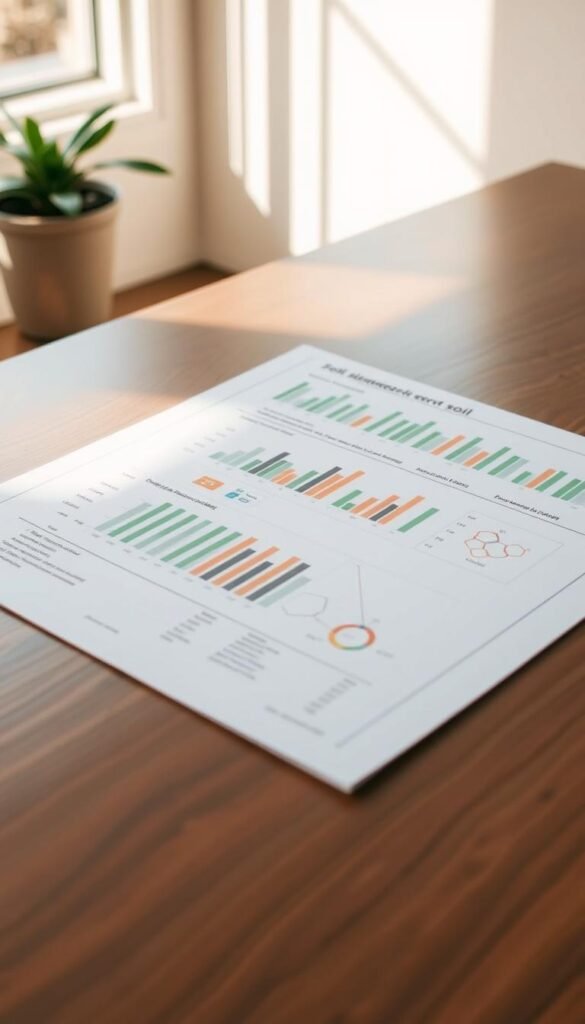 A detailed soil analysis report on a sleek, modern wooden table, illuminated by soft, natural lighting pouring in from a nearby window. The report features precise data visualizations, charts, and scientific symbols against a crisp, white background, conveying the technical expertise and rigorous process behind assessing the soil's nutrient levels. The overall mood is one of professionalism, clarity, and scientific inquiry, perfectly suited to illustrate the "Assessing Your Soil's Nutrient Levels" section of the article.