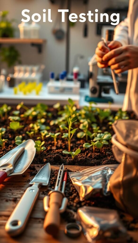 A detailed step-by-step guide to the soil testing process. In the foreground, various soil sampling tools are neatly arranged, including a trowel, soil probe, and collection bags. In the middle ground, an expert's hands carefully extract soil samples from a lush garden bed. The background features a well-organized laboratory workspace with scientific equipment like test tubes, beakers, and a microscope. Warm, natural lighting illuminates the scene, conveying a sense of diligence and precision. The overall composition emphasizes the systematic nature of the soil testing procedure, essential for achieving gardening success.