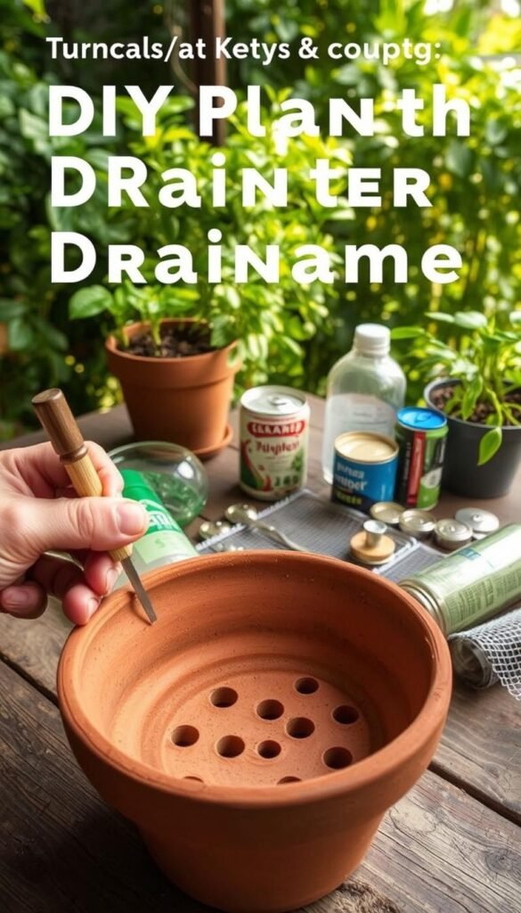 A detailed step-by-step tutorial on creating a DIY planter drainage system. In the foreground, a hand carefully punches drainage holes in the bottom of a terracotta pot. The middle ground showcases an assortment of recycled materials like plastic bottles, cans, and mesh screens, all prepared to be used as the drainage layer. In the background, lush greenery and a rustic wooden table set the scene for this practical gardening hack. Warm natural lighting casts a soft glow, highlighting the textures and colors of the upcycled items. The overall mood is one of creativity, sustainability, and a touch of whimsy, perfectly capturing the "Turning Trash into Treasure" theme.