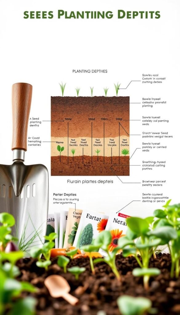 A detailed, technical illustration of a seed planting depth guide, photographed against a clean, bright background. In the foreground, an array of garden tools - trowel, rake, and seed packets - are arranged neatly. In the middle ground, a cross-section of soil reveals the optimal planting depths for various vegetable seeds, with clear markings and measurements. The background is a soft, diffused light, creating a sense of calm and focus on the instructional elements. The overall mood is educational, informative, and visually appealing, designed to guide the viewer through the sowing and planting process.