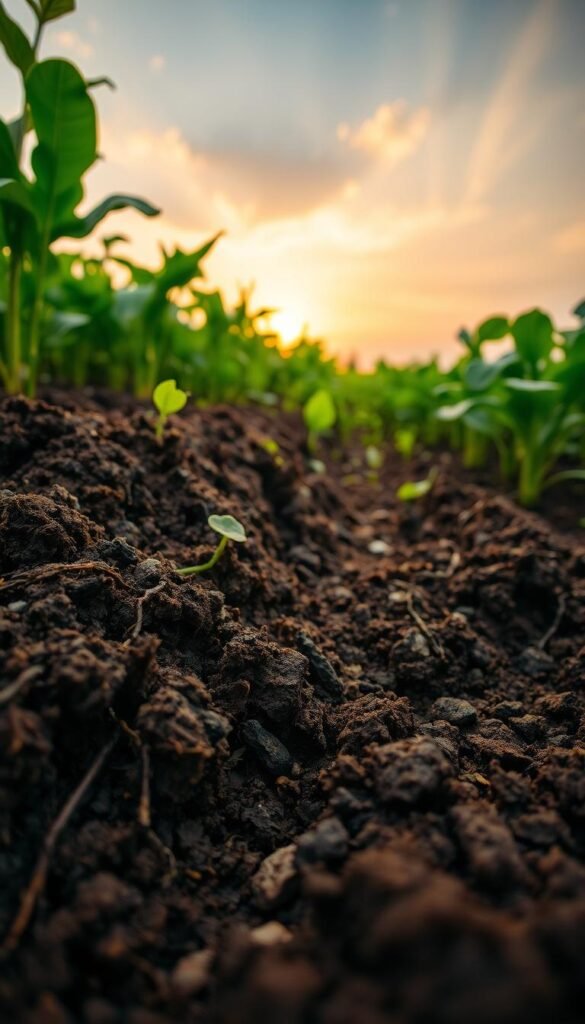 A detailed, textured landscape showcasing the benefits of soil organic matter. In the foreground, rich, dark soil with visible decomposing plant matter and thriving microorganisms. In the middle ground, lush green vegetation and healthy root systems drawing nutrients from the nutrient-dense soil. In the background, a warm, golden-hued sky with soft, diffused lighting, conveying a sense of vitality and abundance. The overall scene radiates the importance of soil organic matter in sustaining plant life and a healthy, vibrant ecosystem. Captured with a wide-angle lens to emphasize the interconnectedness of the elements.