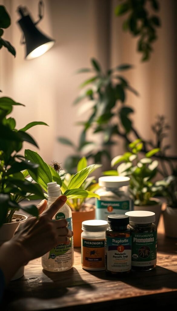 A dimly lit interior with lush potted plants and a focused spotlight illuminating a range of biological pest control solutions. In the foreground, a hand gently applies an organic insecticidal soap to the leaves, while behind, jars of beneficial nematodes and pheromone traps sit on a wooden table. The background is hazy, drawing the eye to the active pest management techniques. Warm, earthy tones create a serene, contemplative atmosphere, conveying the care and attention required to maintain a healthy indoor garden ecosystem.