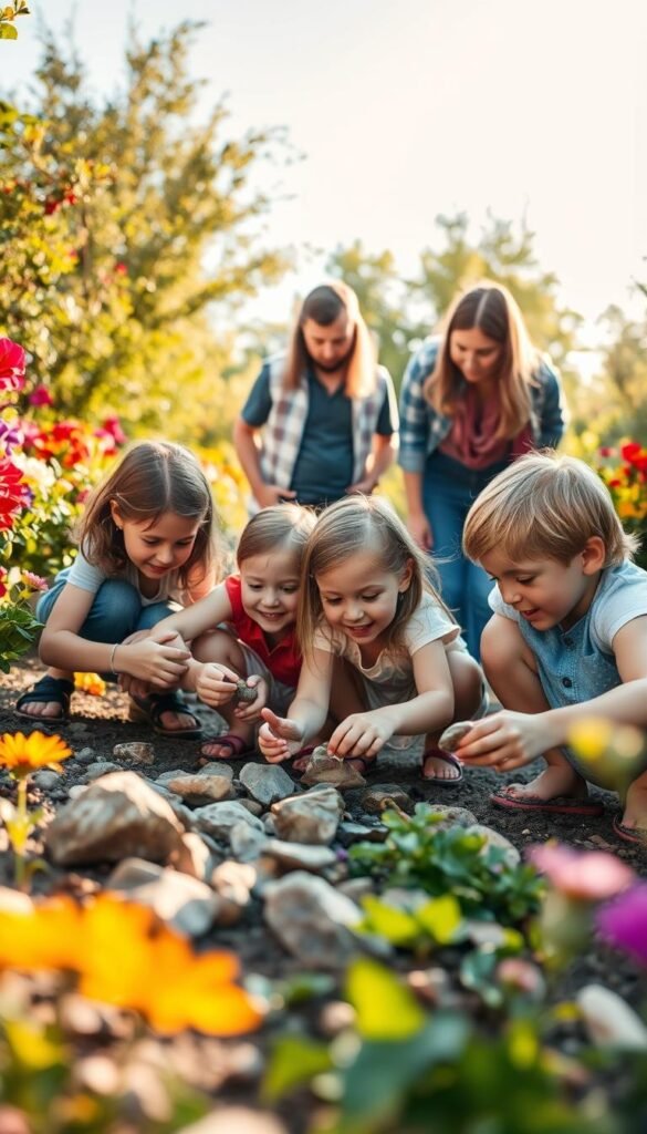 A family on a sunny afternoon, exploring a garden filled with vibrant flowers and lush greenery. In the foreground, a group of excited children crouch down, carefully inspecting the ground and searching for unique rocks. Their expressions are filled with wonder and delight as they carefully examine each discovery. In the middle ground, their parents observe, guiding and encouraging the children's exploration. The scene is bathed in warm, golden light, casting a soft, inviting glow. The overall atmosphere is one of joyful discovery, as the family bonds over their shared adventure of rock hunting. A wide-angle lens captures the sense of exploration and connection, while a shallow depth of field keeps the focus on the children's faces and the rocks in their hands.