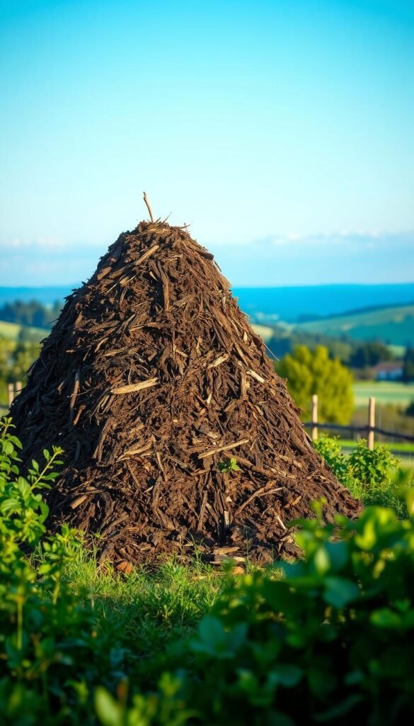 A free-standing compost pile, nestled in a lush, verdant garden. The heap, composed of rich, earthy brown hues, stands tall and proud, its layers of decomposing organic matter neatly arranged. Soft, diffused lighting bathes the scene, casting gentle shadows that accentuate the pile's contours. The background is a serene, pastoral landscape, with a hint of rolling hills and a clear, azure sky. The overall atmosphere is one of tranquility and ecological harmony, inviting the viewer to appreciate the natural cycles of life and decomposition.