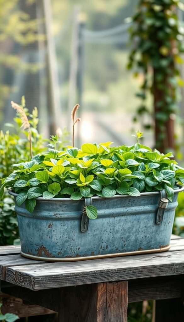 A galvanized metal tub filled with lush, verdant plants, placed atop a rustic wooden platform. The tub has a weathered, industrial charm, contrasting beautifully with the vibrant foliage. Soft, diffused sunlight filters through the scene, casting gentle shadows and highlighting the textures of the materials. The composition is well-balanced, with the tub positioned at a slight angle to create visual interest. The overall mood is one of relaxed, natural elegance, inviting the viewer to imagine this as a charming, low-maintenance raised garden bed.