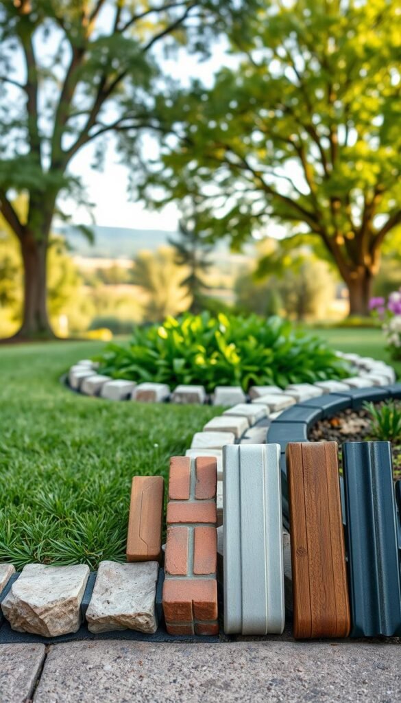 A garden edging materials comparison in a well-lit outdoor setting. A row of various edging options displayed in the foreground, including stone, brick, metal, wood, and plastic. The edges are neatly installed, showcasing their distinct textures and colors. A lush, verdant garden bed in the middle ground, framed by the edging materials. The background features a picturesque landscape with mature trees, a clear sky, and gentle natural lighting, creating a serene and inviting atmosphere. The overall composition highlights the differences in style, durability, and aesthetics of the various garden edging materials.